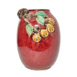 Shiwan Pottery Hand Turned Glazed Ceramic Fruit Motif Applied Vessel Vase 9”